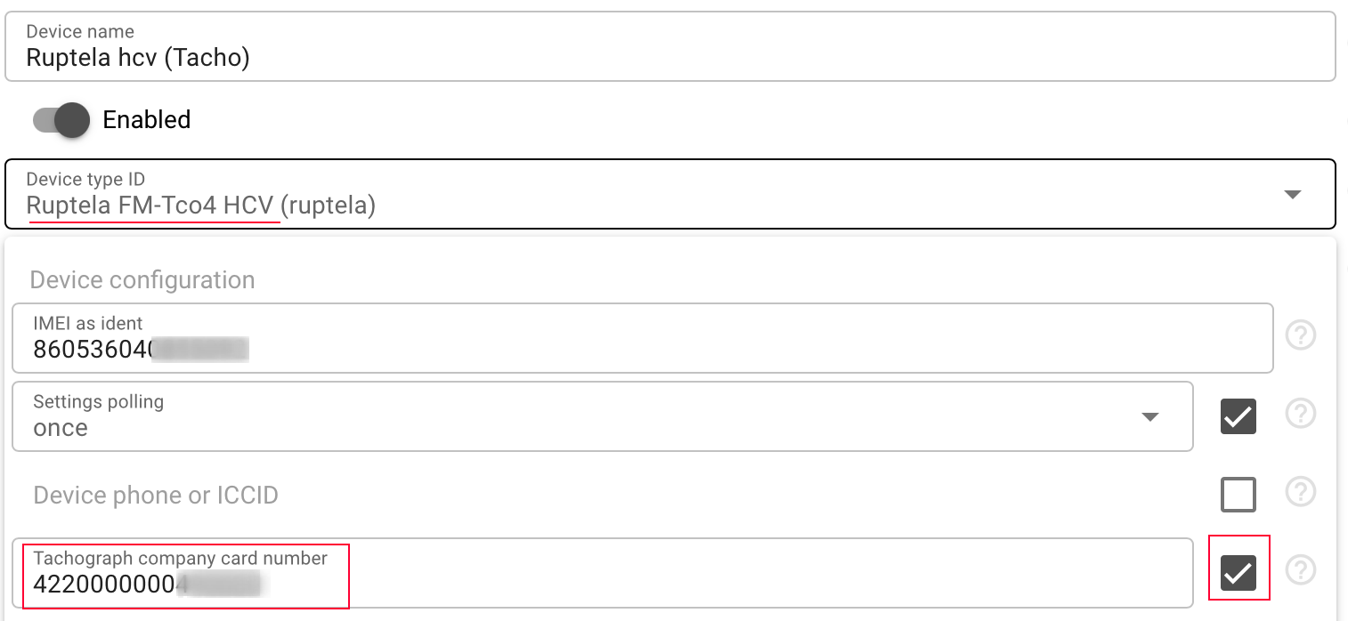 Entering the company card number into the tracker device configuration